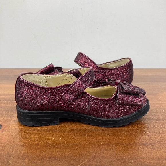 Sugar Brand Kenna Burgundy Sparkle Bow Mary Jane Flats Hook Loop Girls Size 10M. - Picture 7 of 12